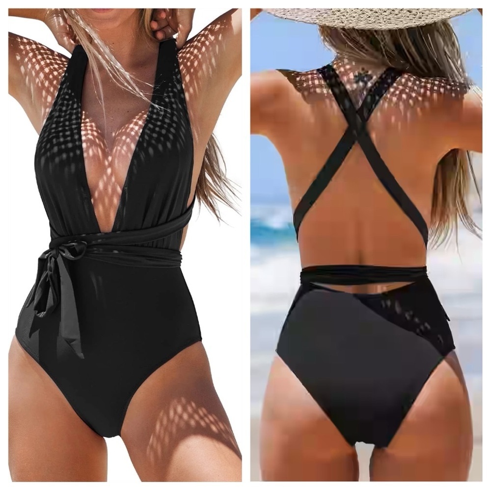 NWT Cupshe XL Natalie Plunging Tie Front Black One Piece Swimsuit Bathing Suit